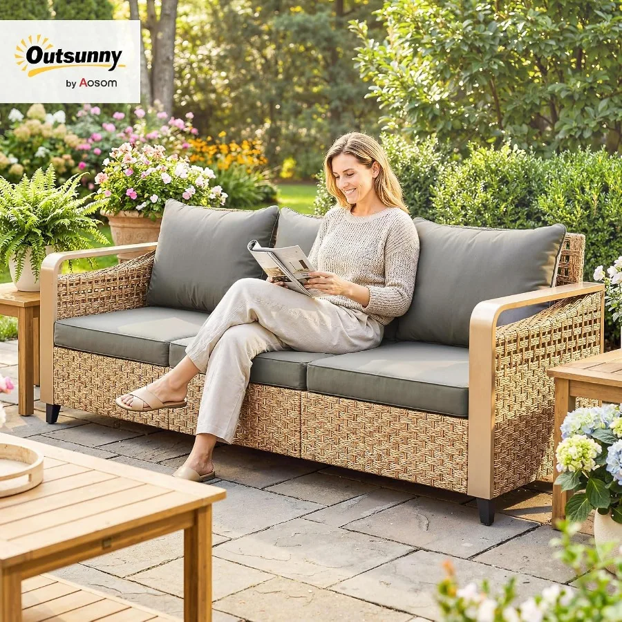 Outdoor Patio Couch Wide Deep Seat 3 Seater Wicker Gray