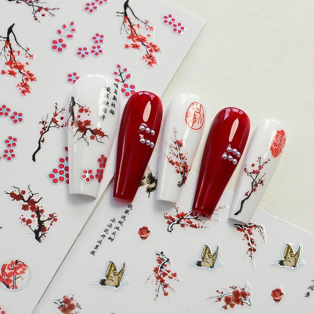 1 시트 3D 중국 스타일 대나무 제비 네일 아트 스티커 붉은 매화 모란 꽃 네일 데칼 자체 접착 슬라이더 스티커