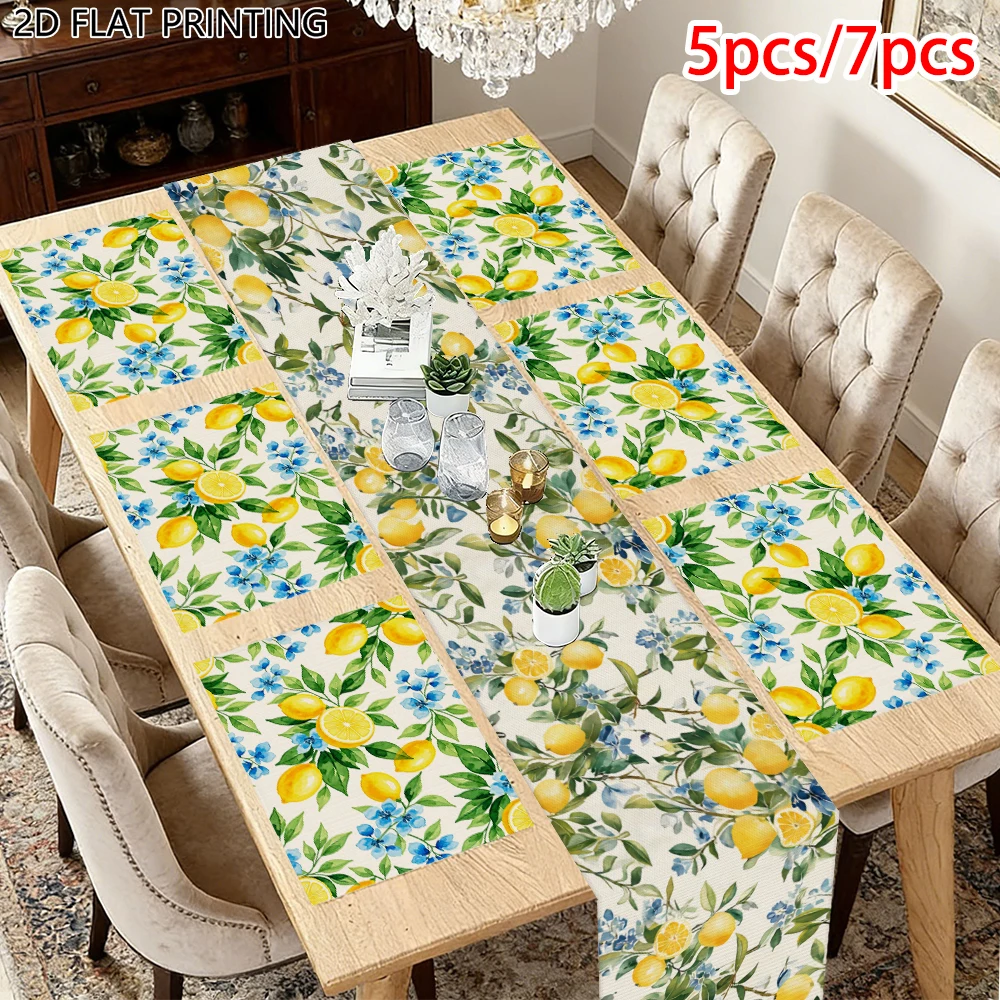 1pc Summer Theme Lemon And Blue Flower Table Runner And Placemat For Kitchen Picnic Beach Party Decor For Housewife