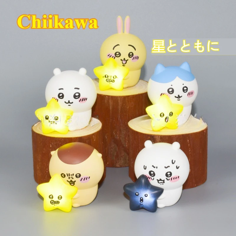 Desenhos animados anime chiikawa estrela brilhante luz noturna brinquedos figura bonito hachiware carro ornamento personagem modelo decoração de mesa de escritório