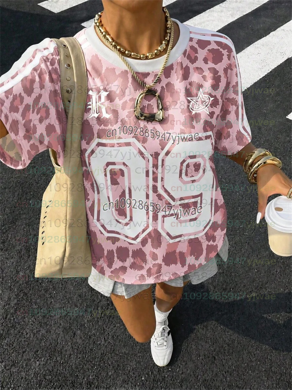 2026 Women's Oversized Athleisure Athletic Baggy Country Graphic Leopard Print Pattern T-Shirt No.09 Print Y2K Street Tee Tops