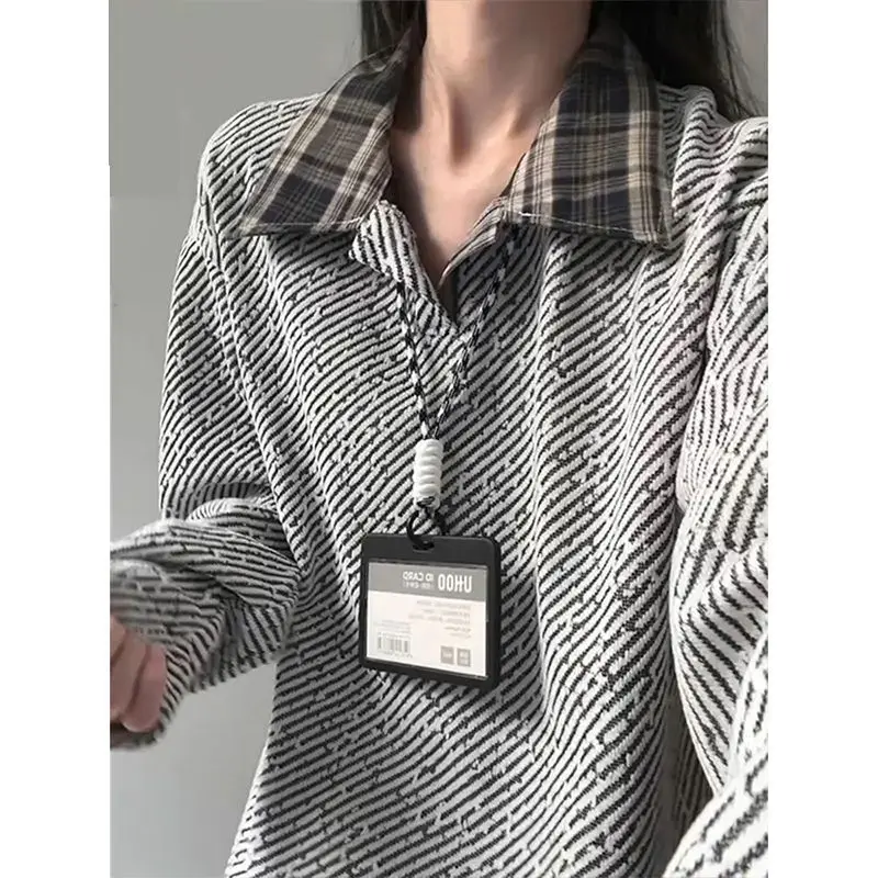 2026 New Long Sleeve Loose Polo Shirt Men's Spring Autumn Stitching Plaid Polo Shirts Male Lapel Long-sleeved T-shirt L704