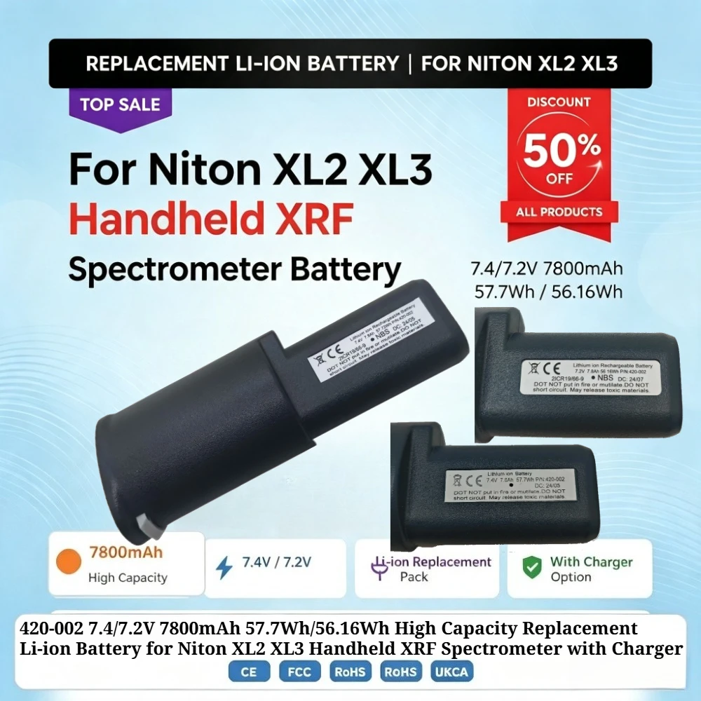 420-002 7.4/7.2V 7800mAh 57.7Wh/56.16Wh High Capacity Replacement Li-ion Battery for Niton XL2 XL3 Handheld XRF Spectrometer+Chg