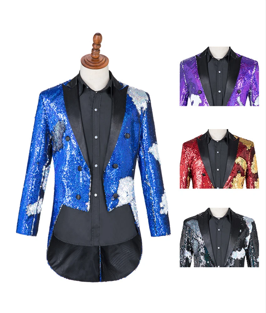 

High Quality Shiny sequin performance suit; Men's magician tailcoat; Band host conductor costume; Stage performance suit jacket.