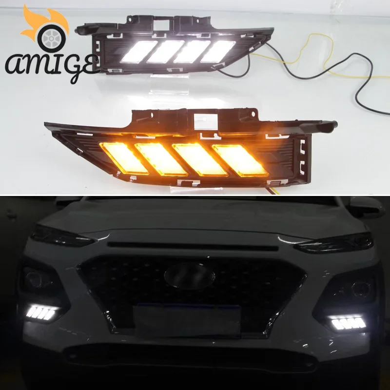 

LED DRL Daylights For Hyundai Kona 2017 2018 2019 2020 Yellow Turning Signal Auto Bulb Headlamps LED Daytime Running Headlights