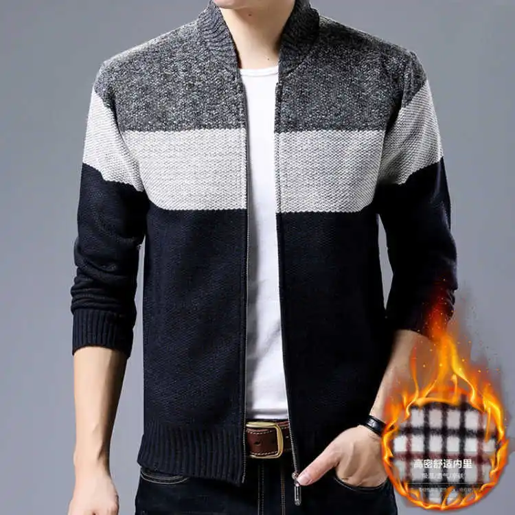 

Thiened Long Sve Stand Collar Striped Open Cardigan Knitted Sweater for Men Casual Sle Color Blo Winter Faion
