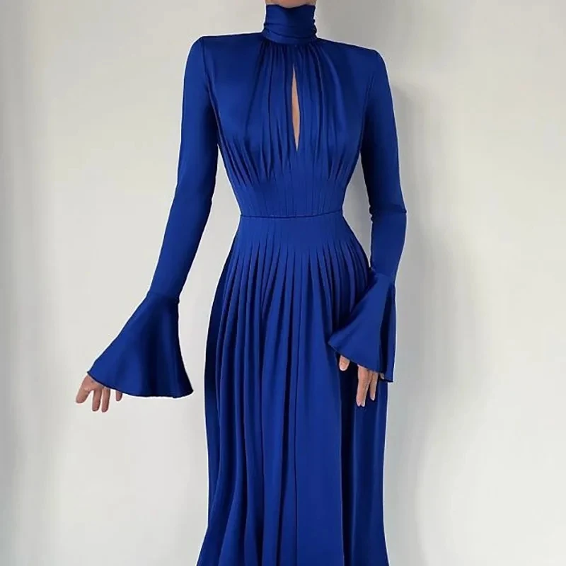 Women's Turtleneck Cocktail Dresses with Sleeves Elegant Formal Evening Hollow Party Gowns High Waist Ankle Length