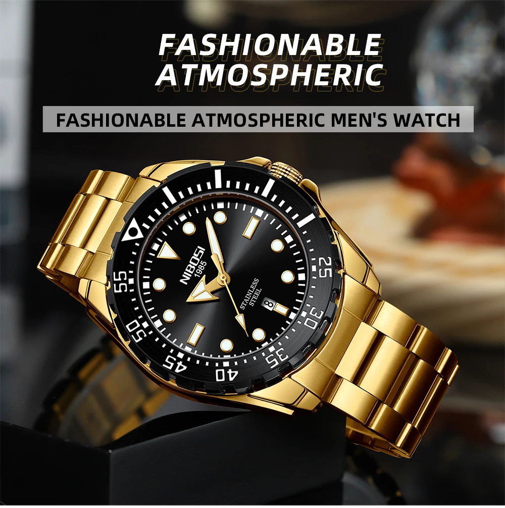 NIBOSI Mens Mechanical Watches Luxury Gold Man Wristwatch Waterproof Fashion Clock Luminous Male Week Display Calendar Watches