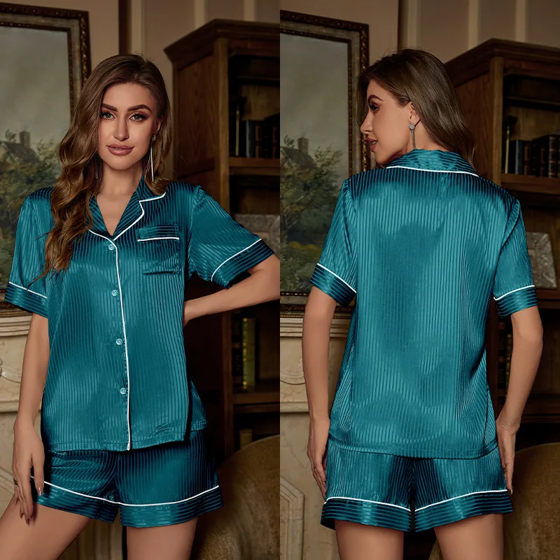 Lapel Two Piece Pajamas Set Short Sleeve Casual Home Wear Women Rayon Sleepwear Summer Femme Nightwear