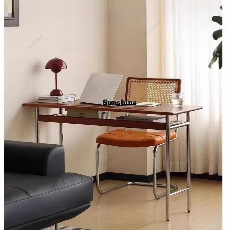 

Stainless Steel Office Desks Retro Solid Wood Reading Desk Office Computer Table Multifunctional Simple Movable Storage Table