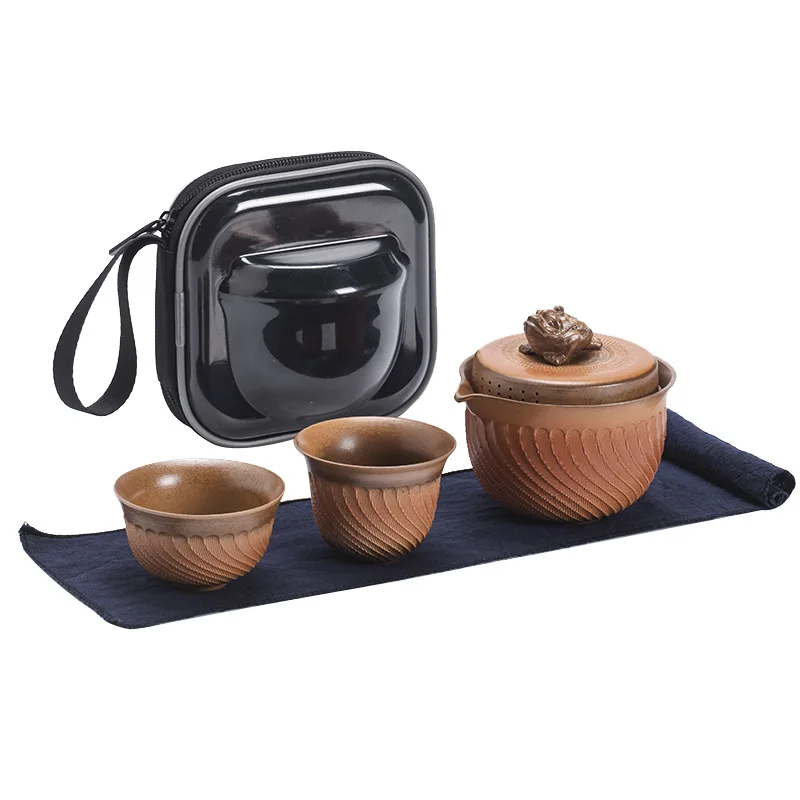 Retro Rough Pottery Tea Set 1 Teapot 2 Teacups 1bag Portable Travel Kung Fu Tea Set Ceramic and Pottery Teeware Teware Gaiwan