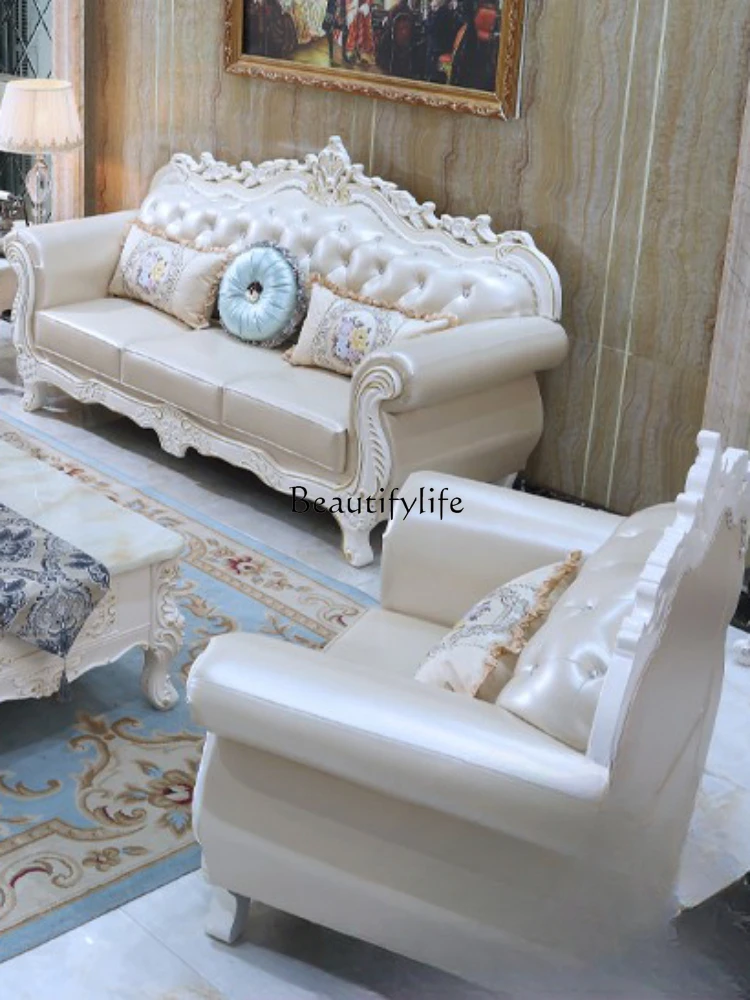 Living Room Furniture High-Grade Solid Wood Carved Luxury First Layer Cowhide Leather Sofa