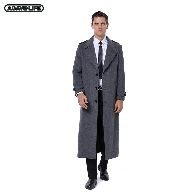 

New Autumn Winter Woolen Windbreakers Men's Casual Woolen Coats Bussiness Men Double Breasted Super Long Woolen Jacket With Belt