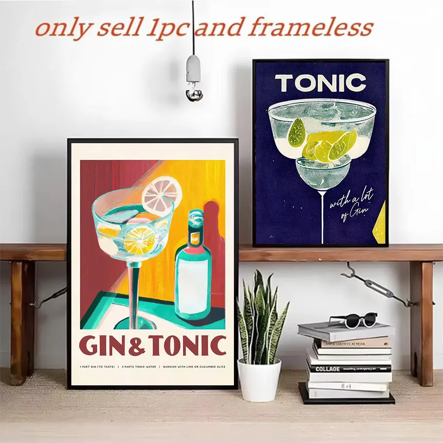 Frameless Canvas Print Gin & Tonic Cocktail Wall Art Decor Painting Vintage Drink Poster Home Bedroom