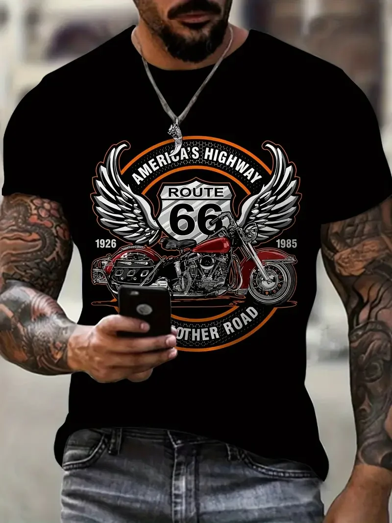 Retro America Route 66 3D Printed Men\'s T-shirts Vintage Loose Men Clothing Summer Round Neck Short Sleeve Unisex Tops Tees 4XL