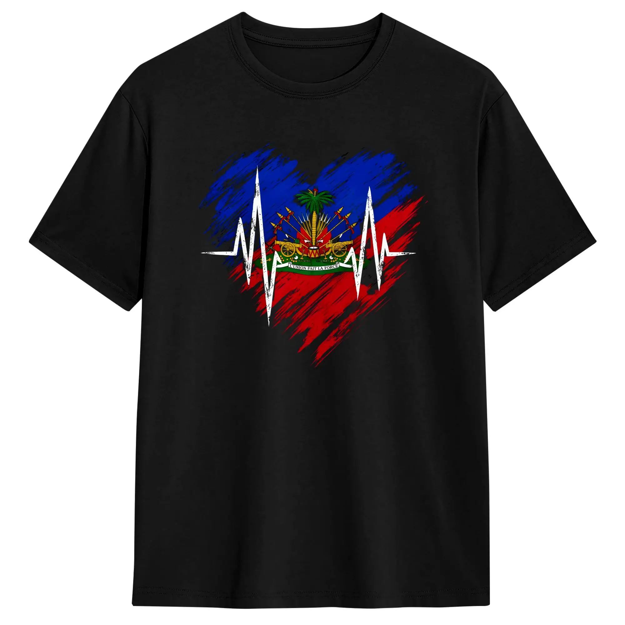 Haiti Heartbeat Haitian Flag  T Shirt for Men Women 100% Cotton Humor T-Shirts O Neck  Tee Shirt Short Sleeve Clothing Plus Size