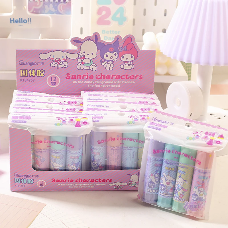 Sanrio Cartoon Cola de alta viscosidade, Anime Kawaii cola sólida, Bonito Estudante DIY Papelaria, Minha melodia Cinnamoroll, Kuromi, 4pcs