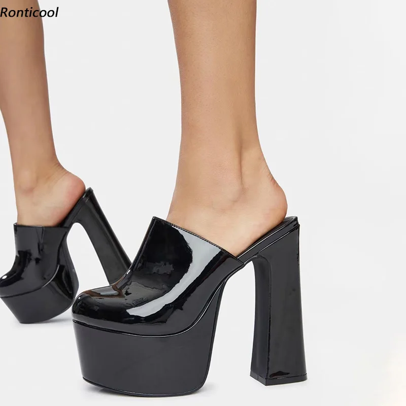 Ronticool New Handmade Women Summer Mules Sandals Glossy Patent Hoof Heels Round Toe Gorgeous 10 Colors Party Shoes US Size 5-15