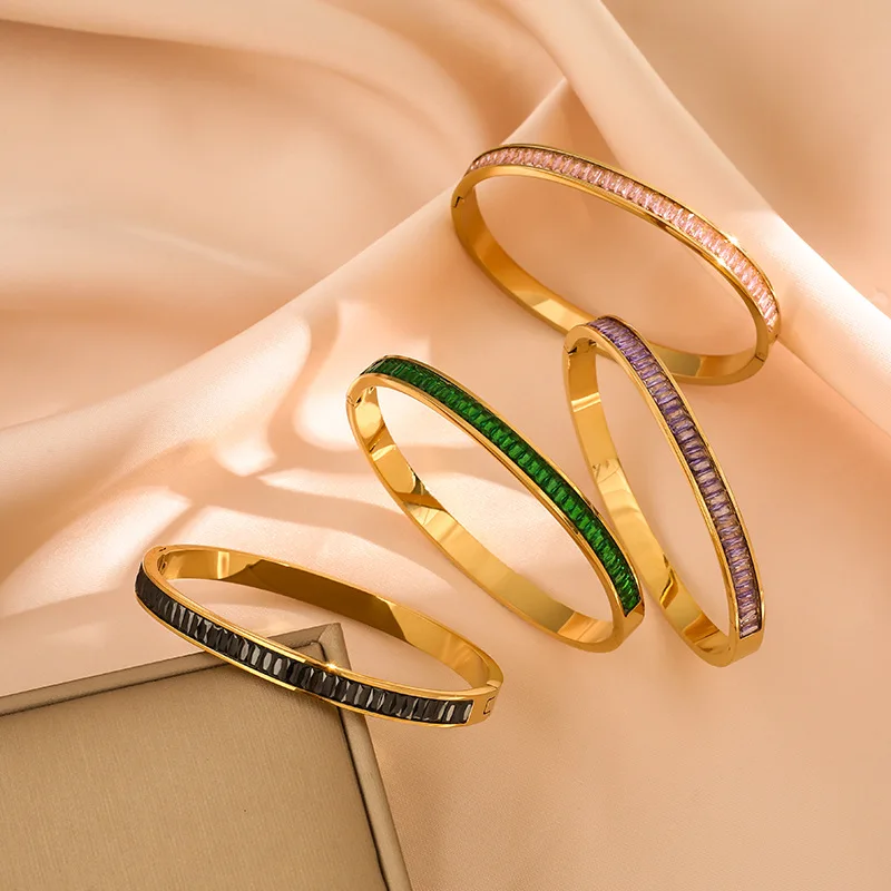 

A light luxury style diamond-encrusted bracelet with fashionable colored square diamonds half circle full of diamonds