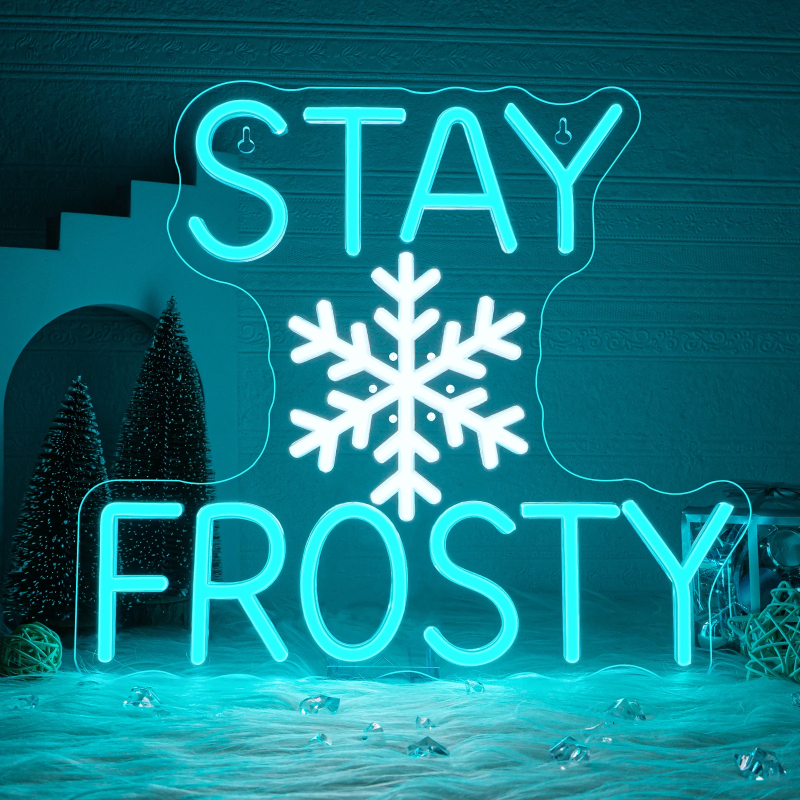 

Неоновая вывеска Stay Frosty USB с регулируемой яркостью, ледяной синий, белый дизайн слов для декора стен для спальни, магазина, декор для кофейной вечеринки