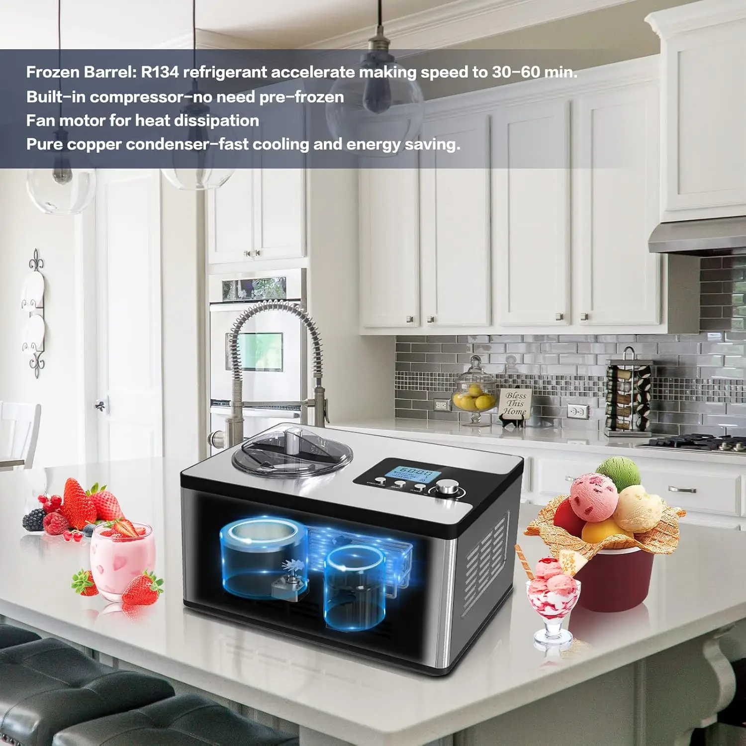 Ice Cream Maker, No  -  Ice Cream Machine 2.1 Quart with Built-in Compressor and LCD Timer for Making