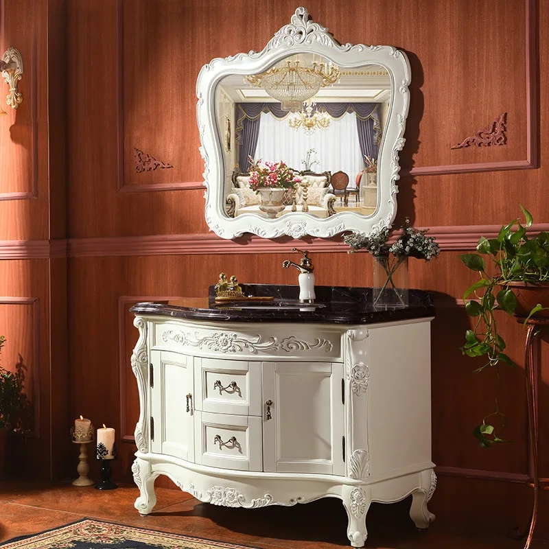 

European bathroom vanity floor-to-ceiling sanitary ware antique solid wood bathroom cabinet
