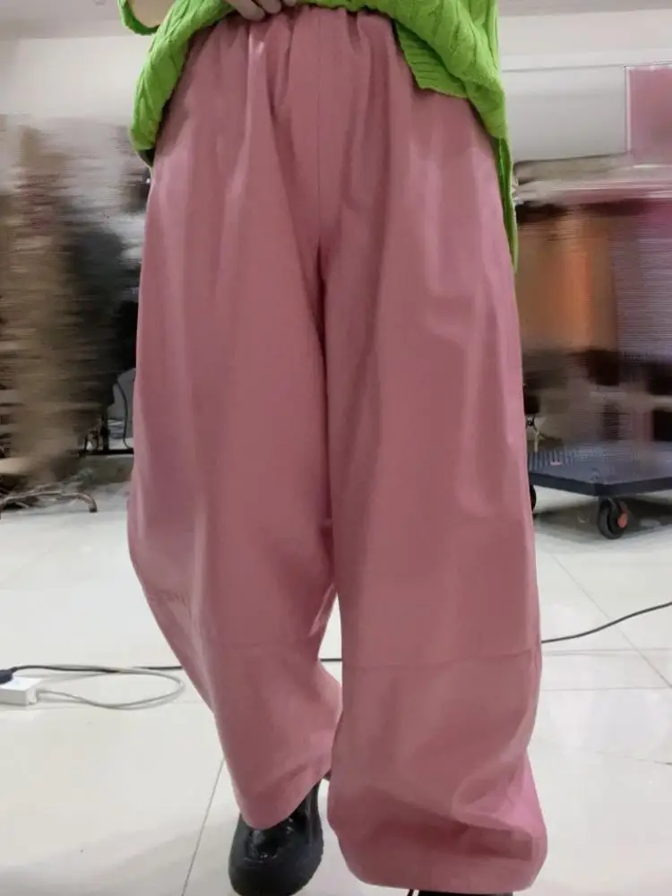 Streetwear Style Pocket Elastic Waist Ladies Handmade Genuine Leather Pants Solid Color Sheepskin Loose Wide Leg Trousers
