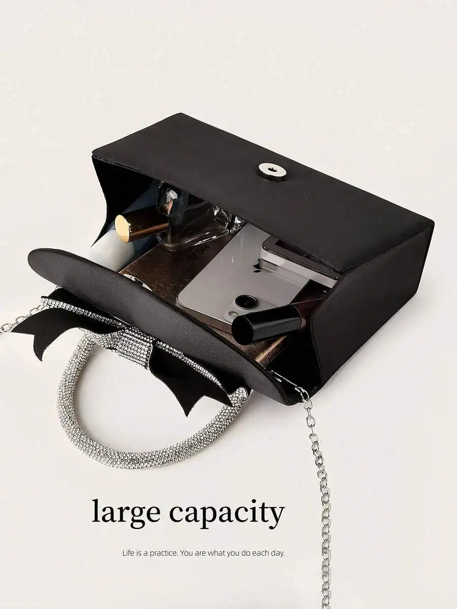 

Black Rhinestone Clutch Handbag With Bow And Chain Strap For Party Wedding Evening