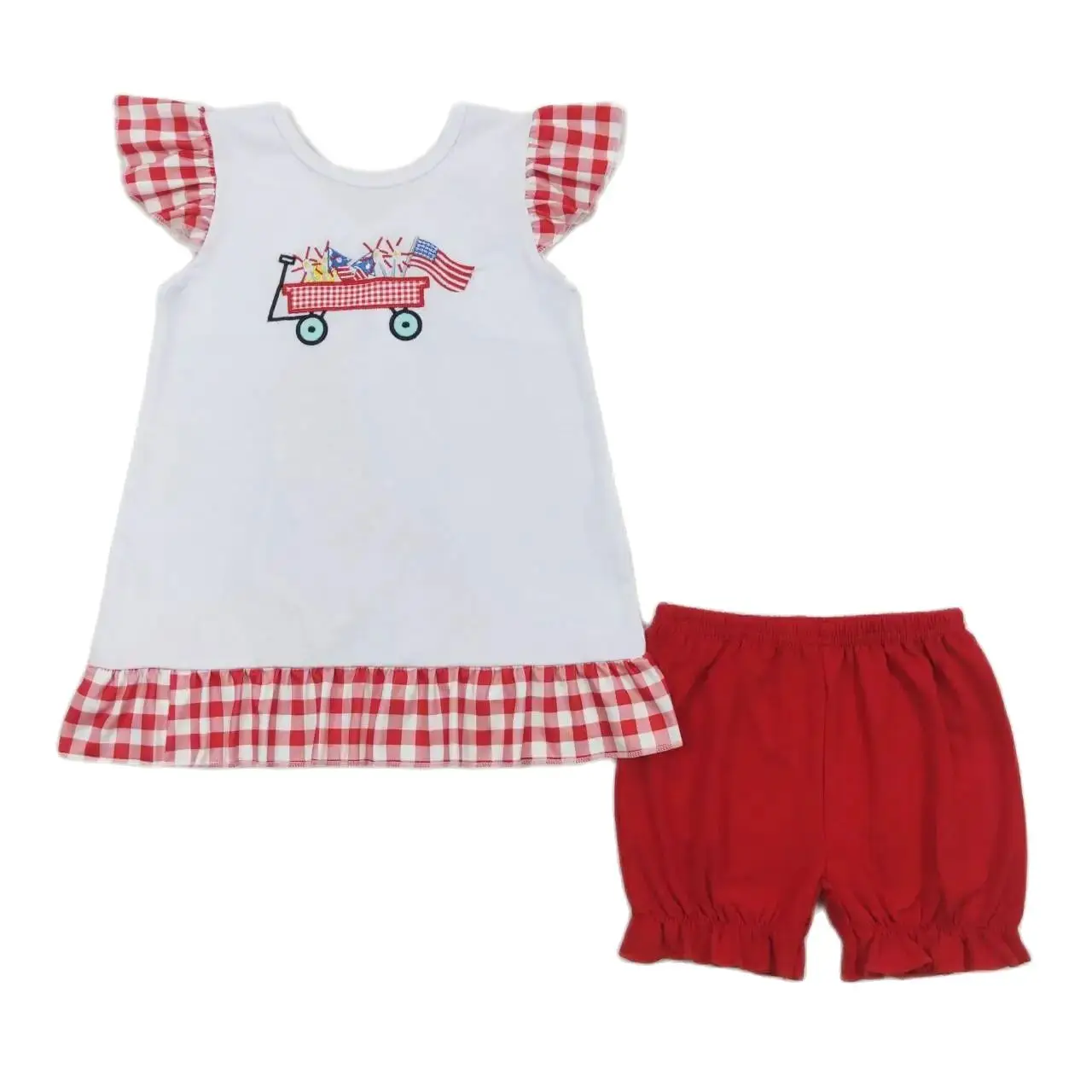 

GSSO0662 Kids Girls Summer Outfit Sets Flying Sleeves Top Embroidery Fireworks Flag Trolley Print With Shorts Children Clothes