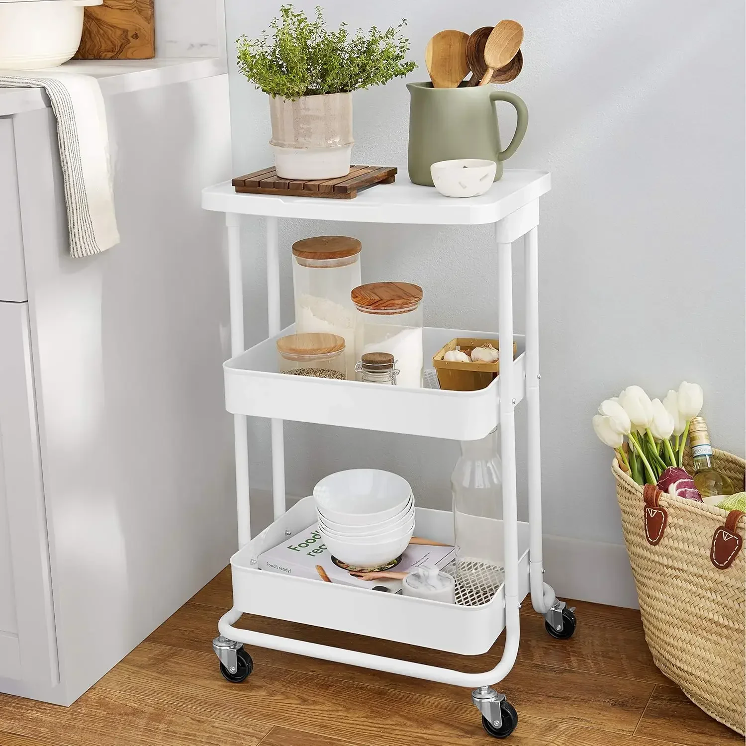 2-Tier Metal Kitchen/Utility Cart with Shelf, White