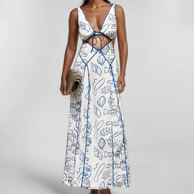 

Blue Red Printed Women Prom Dress Sexy Stripe Sleeveless Lace Up Back A Line Party Gown Casual Formal Evening Birthday Robe