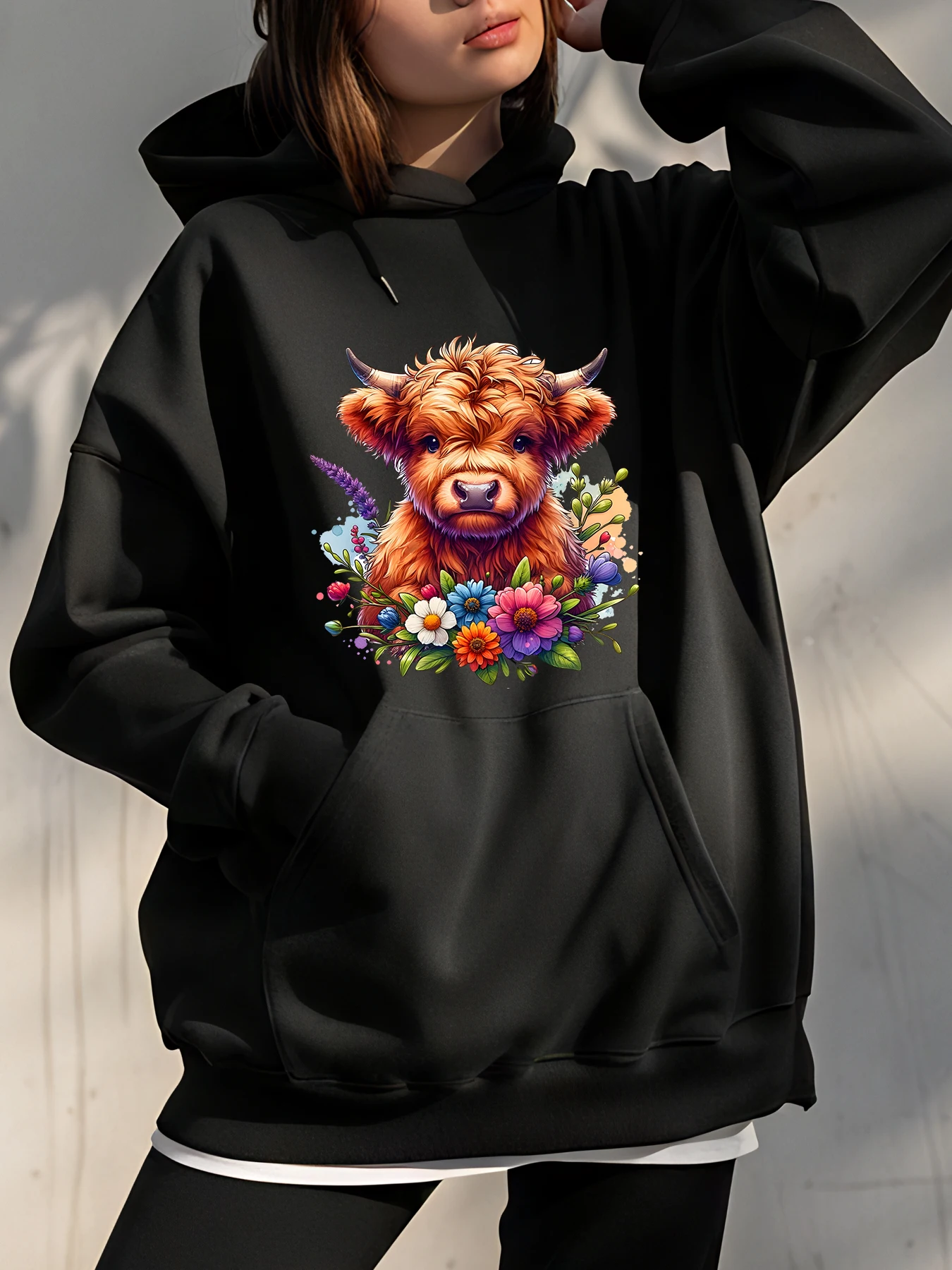 

Толстовка с капюшоном и цветочным принтом коровы, унисекс, повседневная толстовка для женщин и мужчин, осенне-зимняя верхняя одежда
