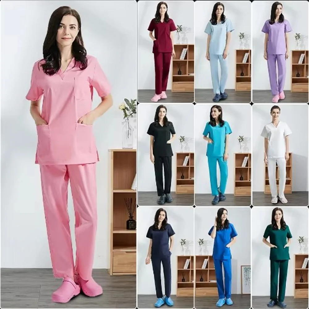 High Quality V-neck Scrub Tops Beauty Salon Nursing Elastic Waist Pants Unisex Breathable Surgery Uniform Medical Accessories