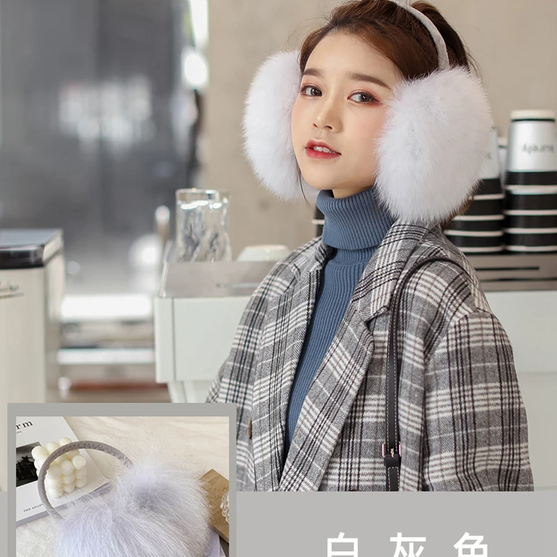 1Real Fox Fur Soft Plush Ear Warmer Winter Accessories Warm Ear Muffs Earmuffs for Women Men Fashion Earflap Ears Cover Scalable