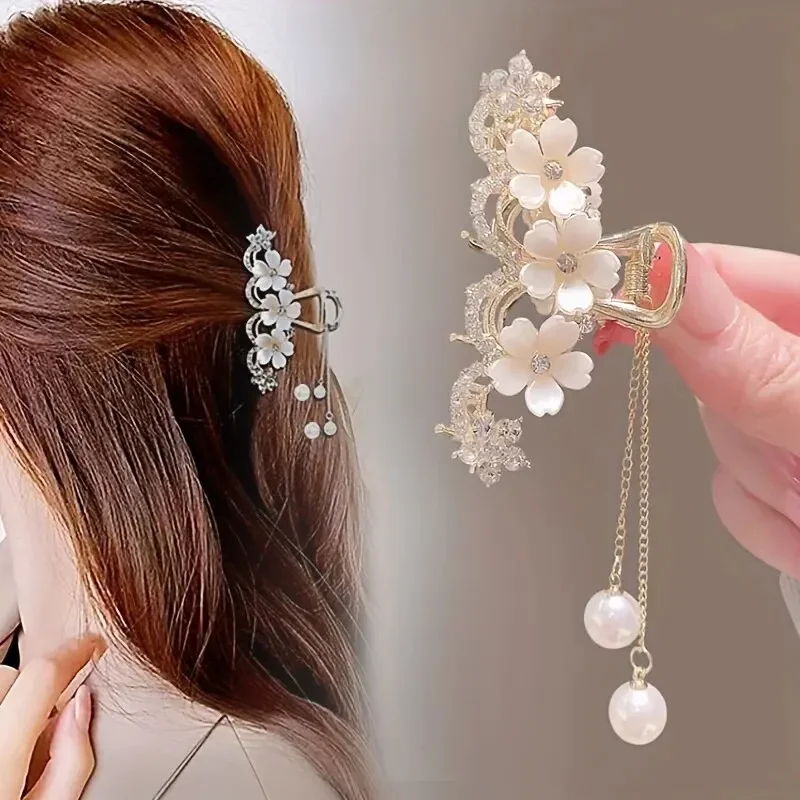 New Camellia Rhinestones Temperament Faux Pearl Tassel Hair Clip, Simple And Elegant Metal Hair Clip, Ideal Choice for Gifts