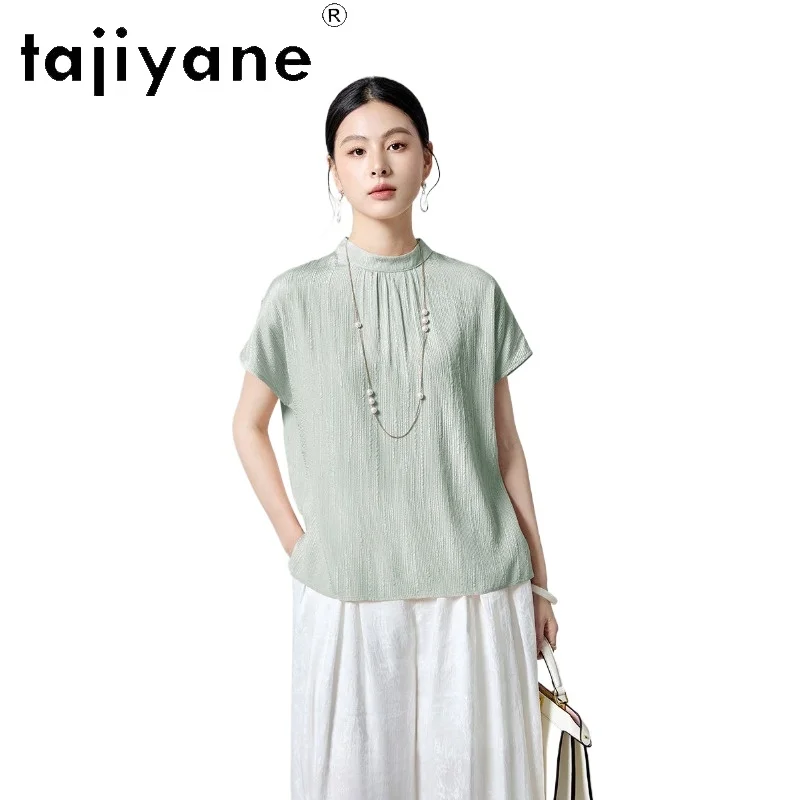 

TAJIYANE 91.1% Mulberry Silk Women T Shirts Elegant Solid Color Summer Ladies Tops Stand Collar T Shirt 2026 Woman Clothes トップス