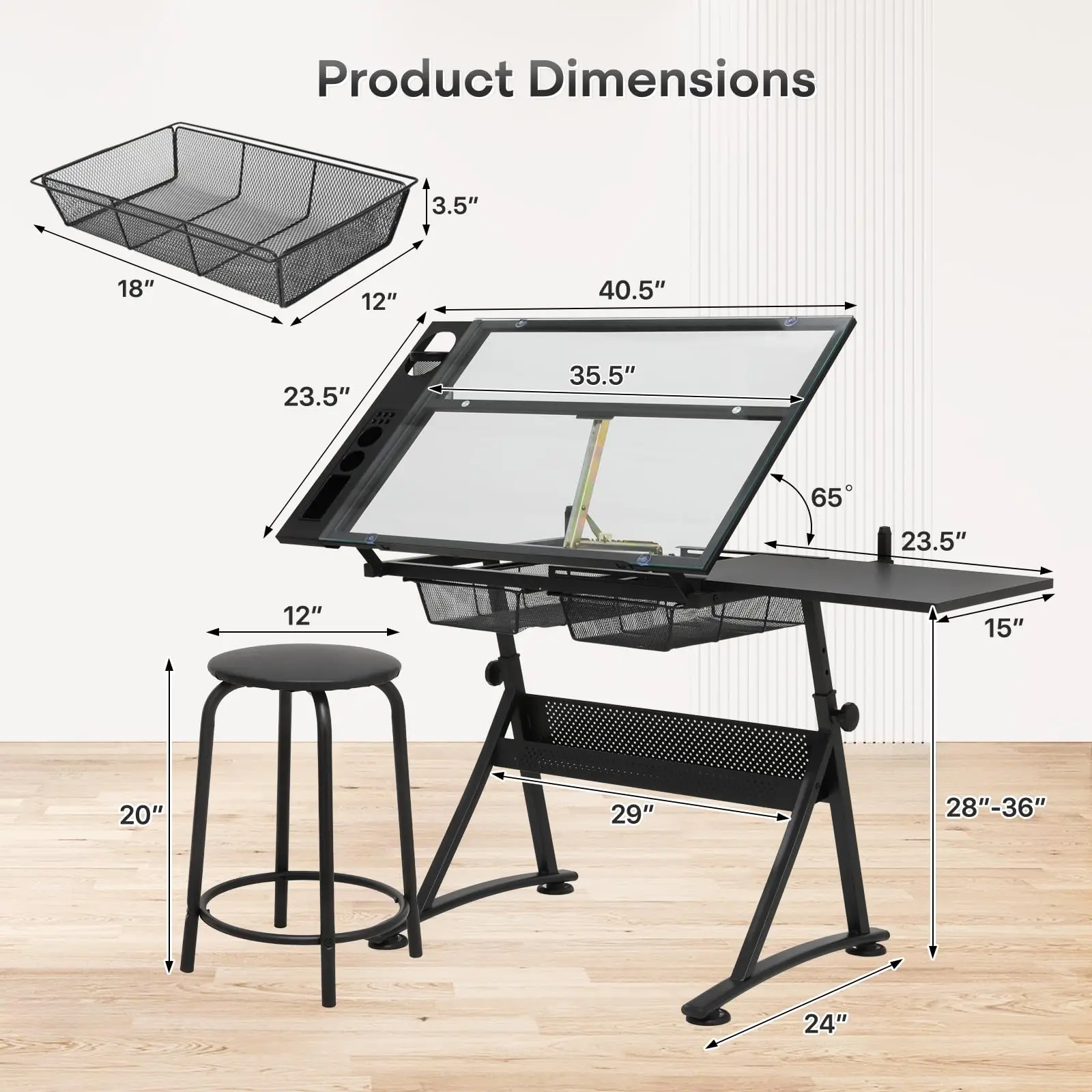 Professhional Drafting Table for Teens w/Stool, Black