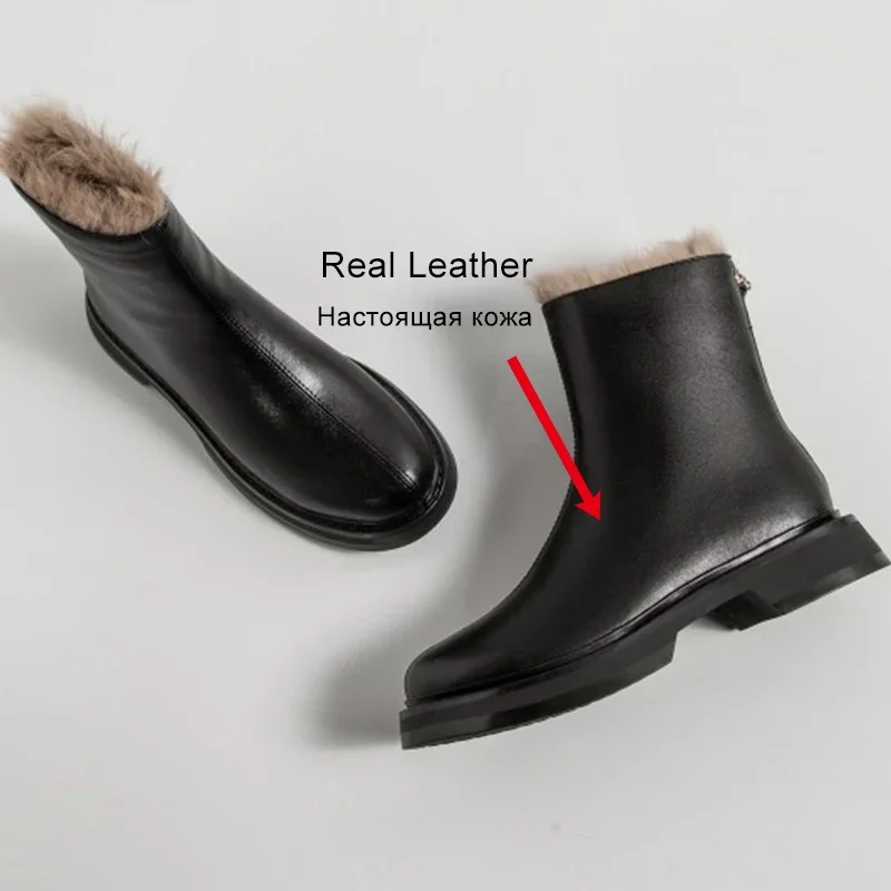 JOZHAMTA Size 33-43 2025 Women Genuine Leather Ankle Boots Warm Wool Winter Snow Boots Flats High Plush Motorcycle Boots Shoes