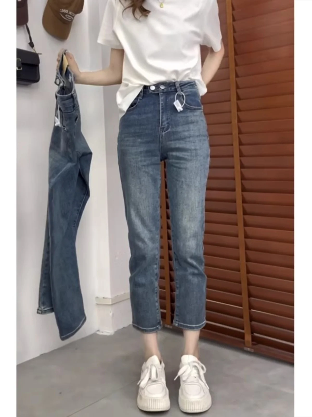 

High Waist Stretchy Slim Fit Blue Jeans Women plus Size Summer Thin Sle Pencil Straight Leg Nine Points Trousers