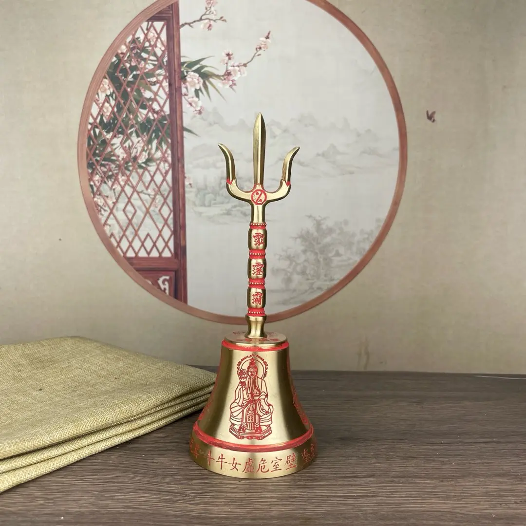 Metal Statue Copper cinnabar Sanqing Bell Taoism drives away evil spirits 7.8cm, height 20cm, weight 335g Vajra Dorje