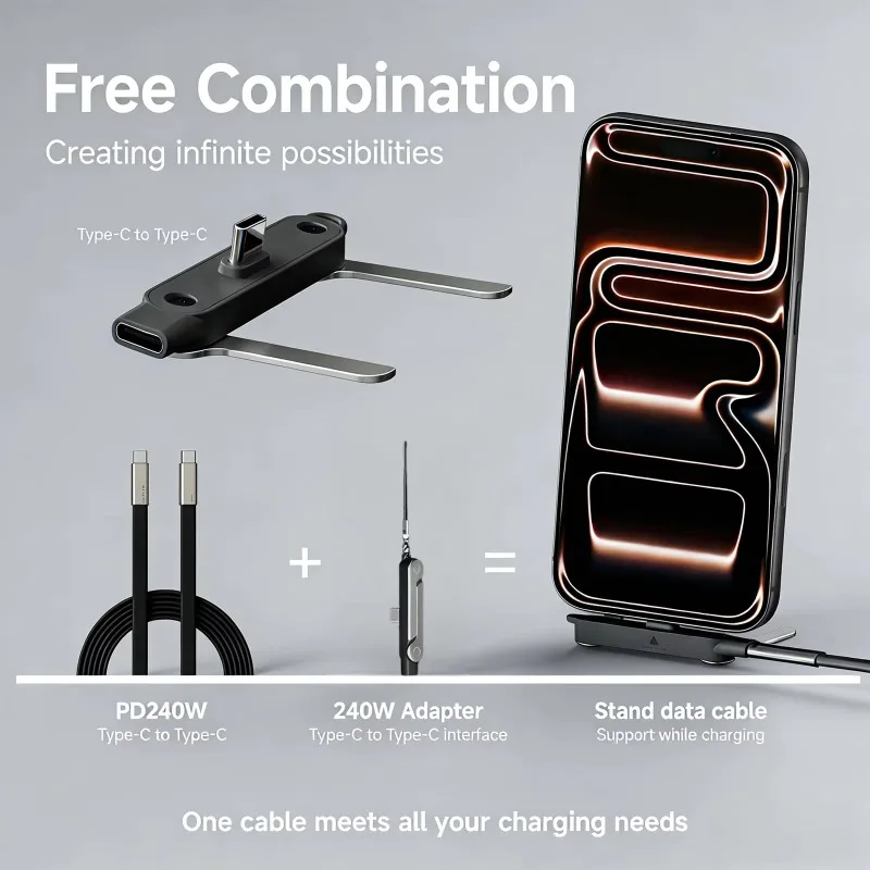 1.5m 240W PD Fast‑Charging Braided Nylon Cable Built‑In Foldable Phone Stand for Tablet Laptop Mobile‑Phone Charging Cord
