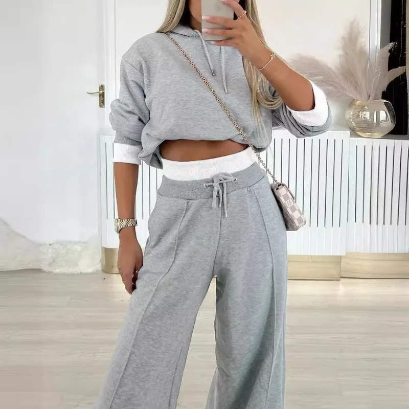 2024 Spring Autumn New Loose Sports Suit Women Long Sleeve Hooded Sweatshirt Drawstring High Waist Pocket Wide Leg Pants Suit