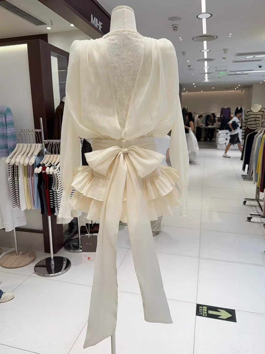 TWOTWINSTYLE Solid Sheer Spliced Lace Elegant Dresses for Women V Neck Long Sleeves Tunic Patchwork Ruffles Folds Dress Female