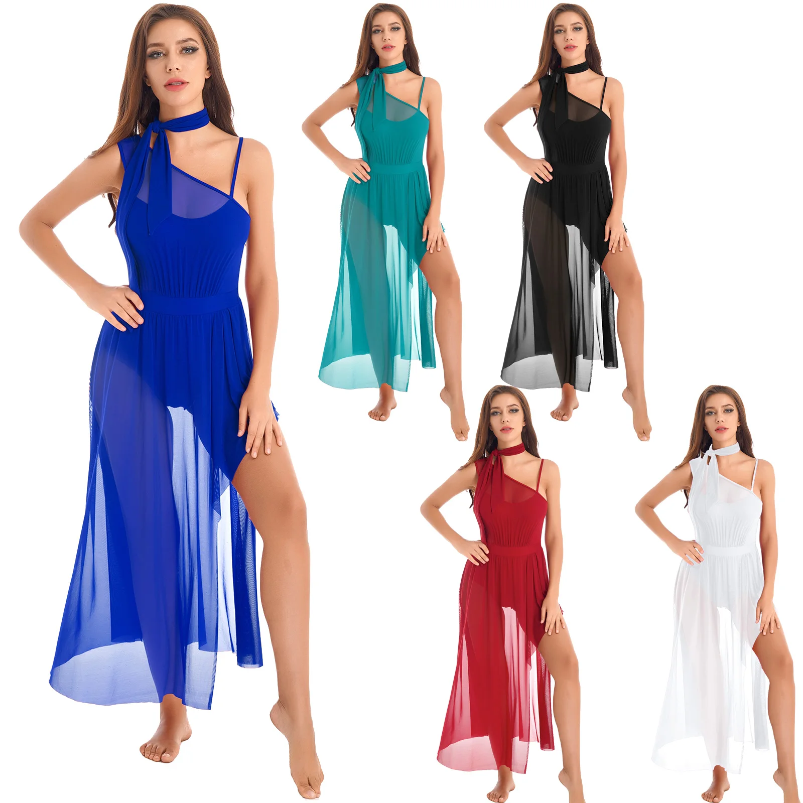 Womens Split Mesh Lyrical Ballroom Dans Jurk Prestaties Kostuums Asymmetrische Mouwen Jurken Ballet Ballerina Dancewear Jurk