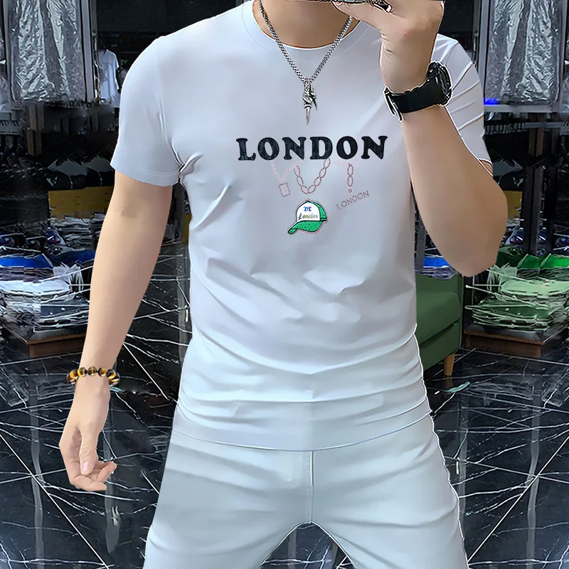 

Popular Men's High Quality T-Shirt Rhinestone Graphic Round Neck Slim Fit Male Tees Ice Silk Cotton Streetwear Fashion Clothing