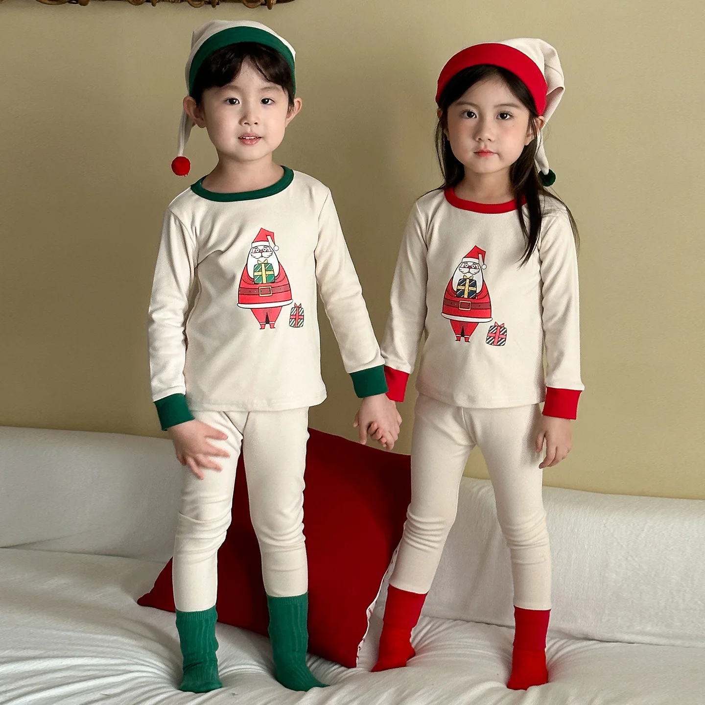 

2025 Autumn New Children Long Sleeve Home Clothes Set Cotton Boys Girls Christmas Pajamas 2pcs Suit + Hat Kids Warm Home Wear