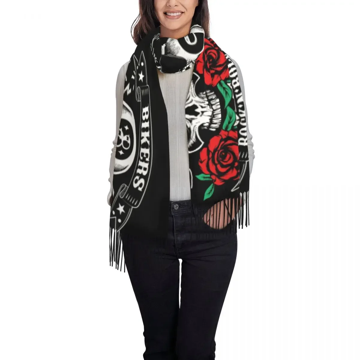 Rock Skull  Bikers Retro Rockers Tassel Scarf Women Soft Shawl Wrap Lady Winter Scarves