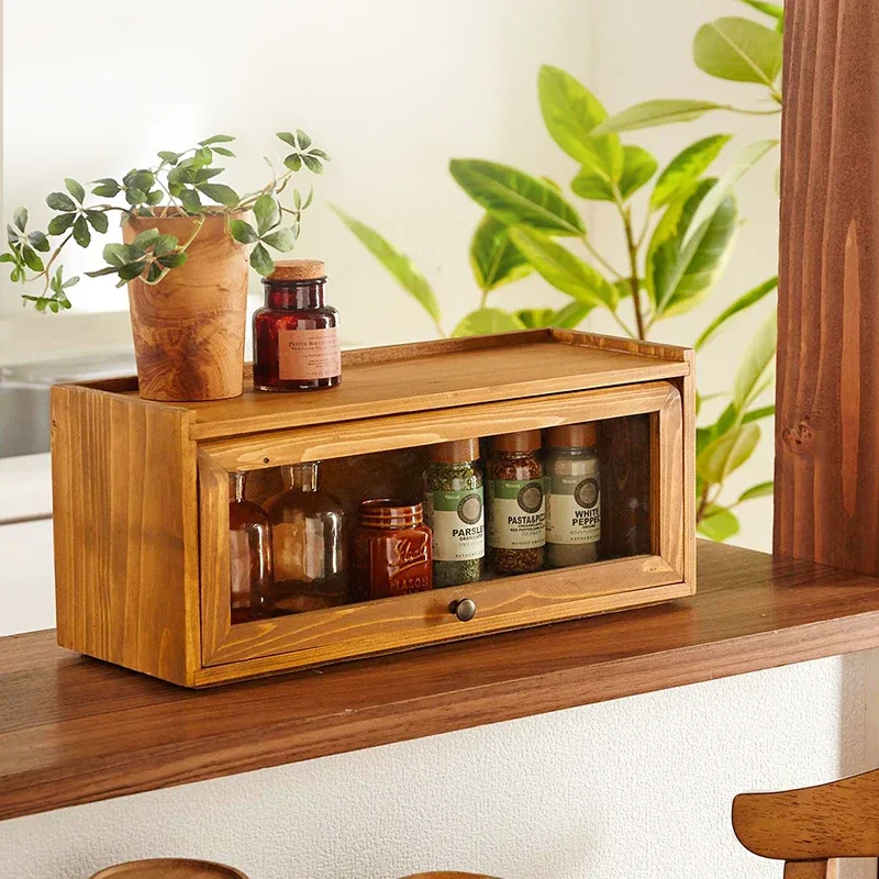 Japanese Small Cabinet Solid Wood Mini Glass Door Cupboard Kitchen Dustproof Shelf For Spices Doll Storage Box