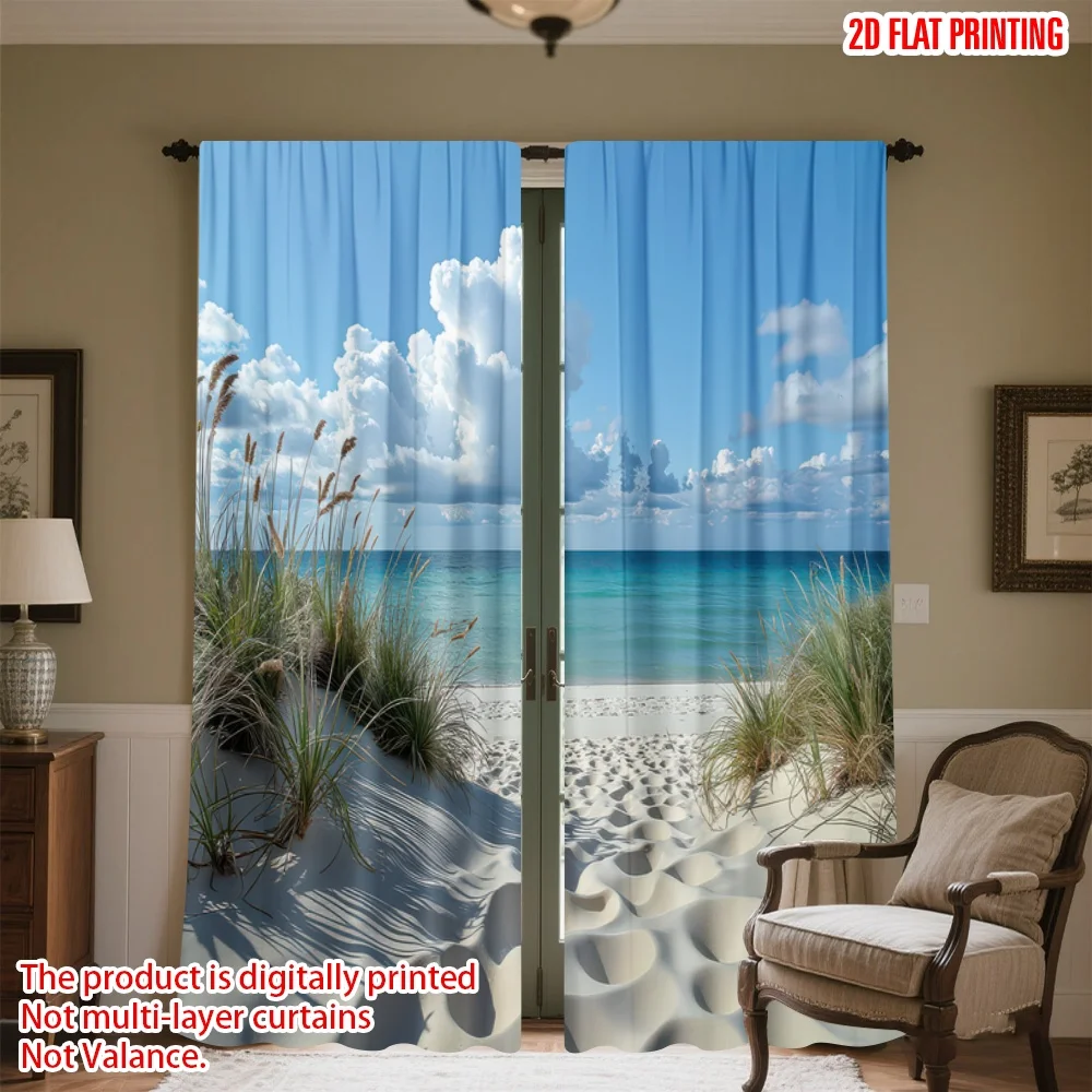 

2D flat printing 2pcs Drapes Sunny Beach Scene Digital Printed Polyester Drapes Birthday Party Perfect for Holiday Parties Home