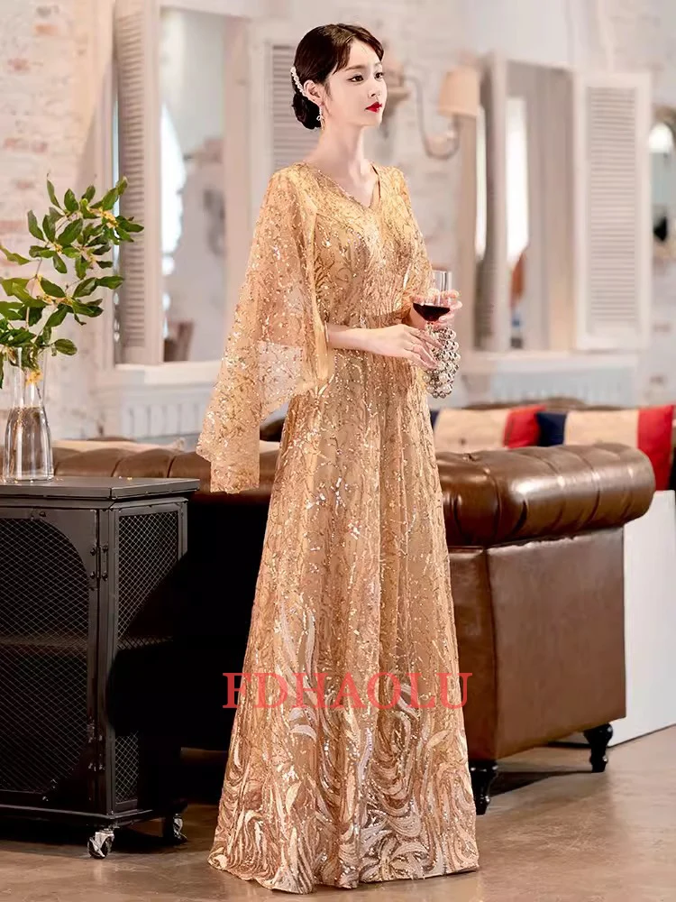 Customized 2024 Gold Sequin Mother Of The Bridal Dresses Elegant V-Neck A-Line Floor-Length Long Wedding Party Gowns